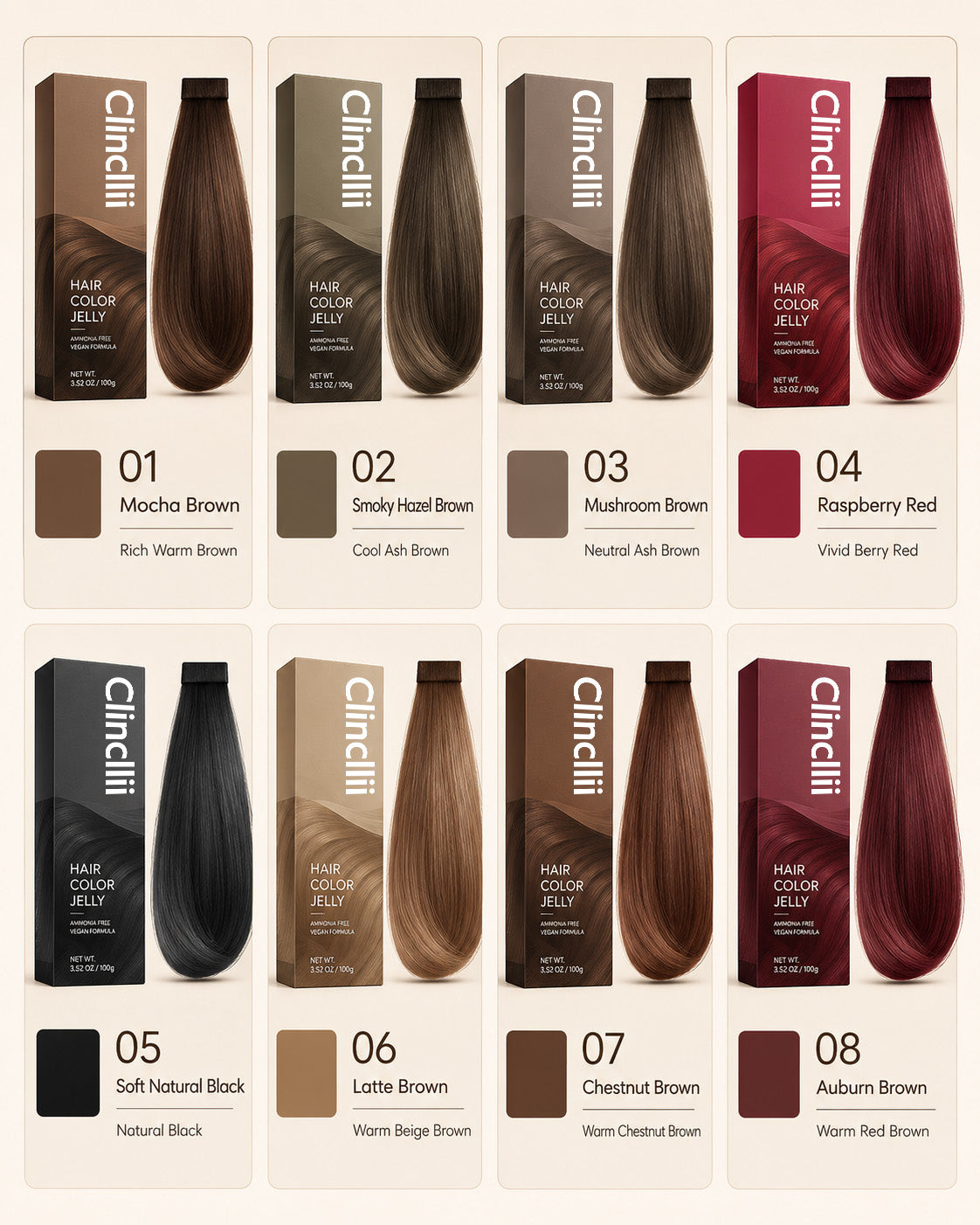 Clinclii hair color gel-cream shade collection with mocha brown, ash brown, black, and red tones