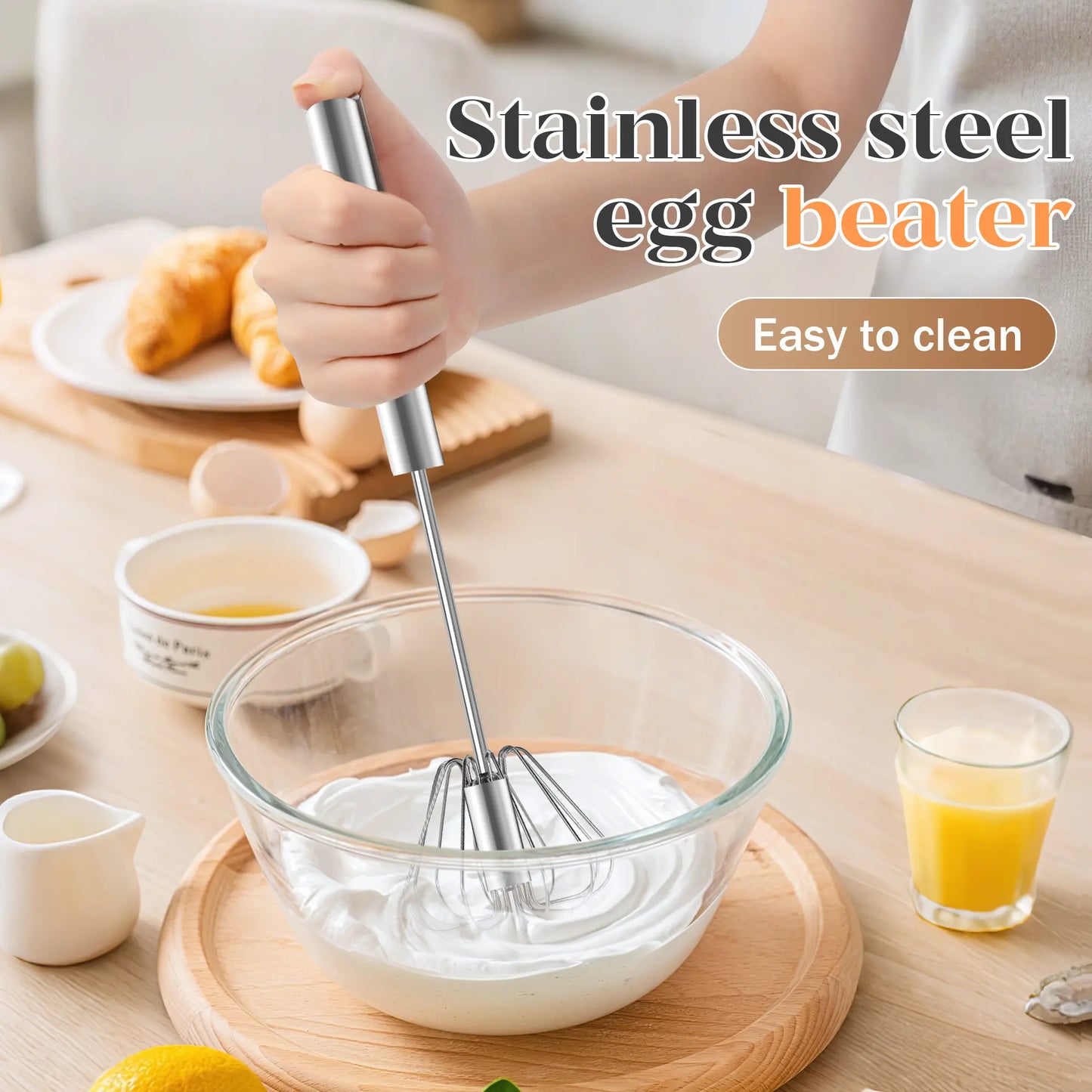 Stainless Steel Hand Push Rotary Whisk, Semi-Automatic Egg Beater for Cooking, Mixing & Baking