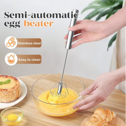 Stainless Steel Hand Push Rotary Whisk, Semi-Automatic Egg Beater for Cooking, Mixing & Baking