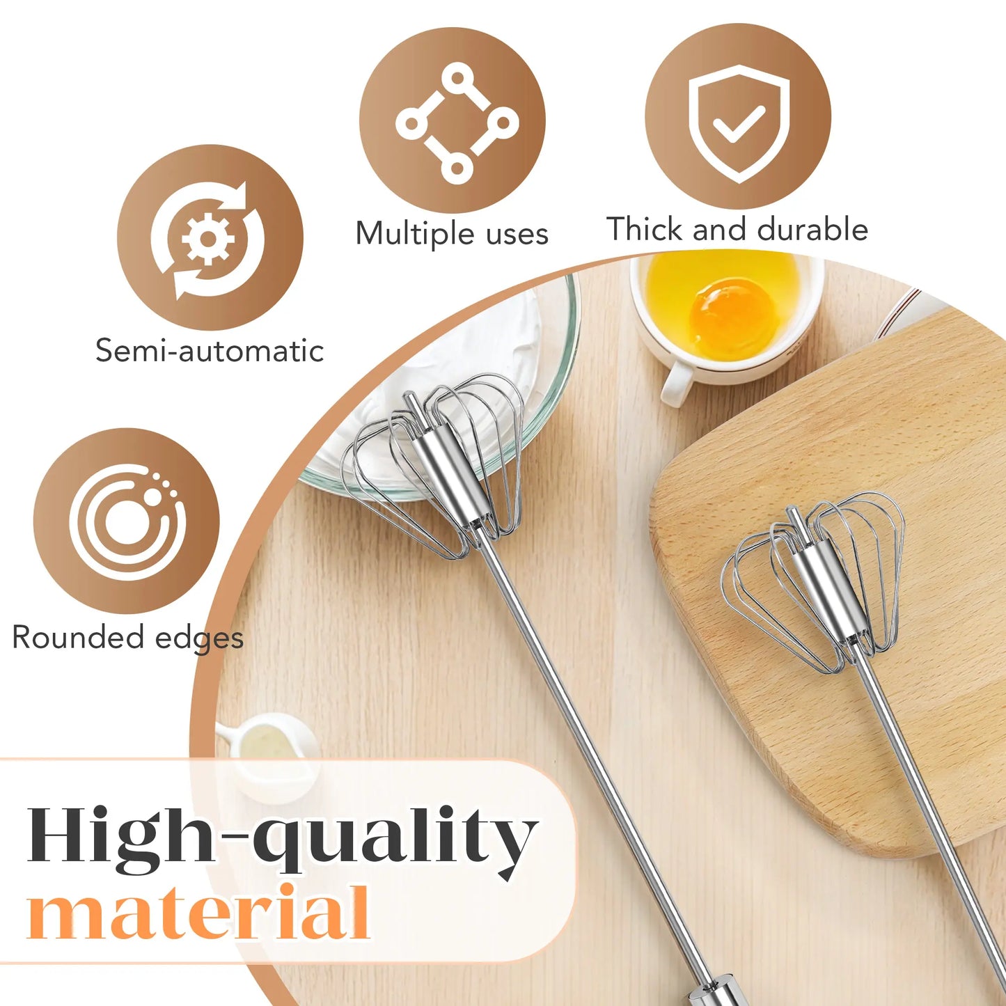 Stainless Steel Hand Push Rotary Whisk, Semi-Automatic Egg Beater for Cooking, Mixing & Baking