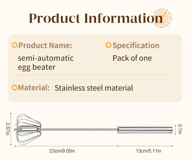 Stainless Steel Hand Push Rotary Whisk, Semi-Automatic Egg Beater for Cooking, Mixing & Baking