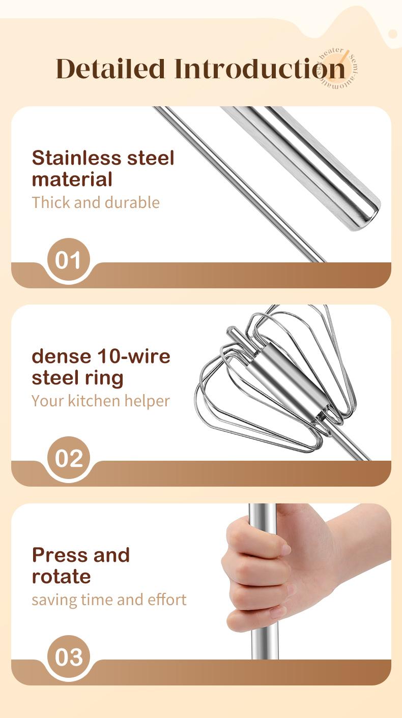 Stainless Steel Hand Push Rotary Whisk, Semi-Automatic Egg Beater for Cooking, Mixing & Baking
