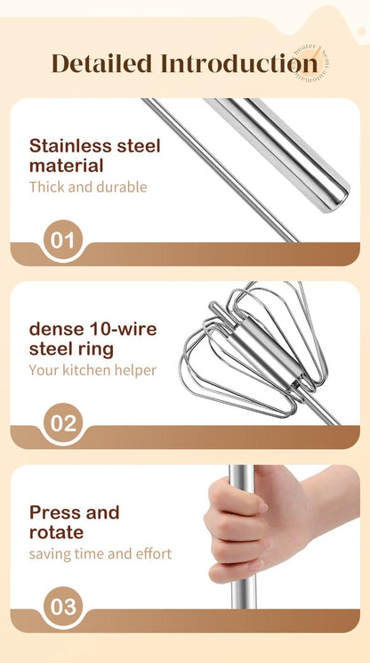 Stainless Steel Hand Push Rotary Whisk, Semi-Automatic Egg Beater for Cooking, Mixing & Baking