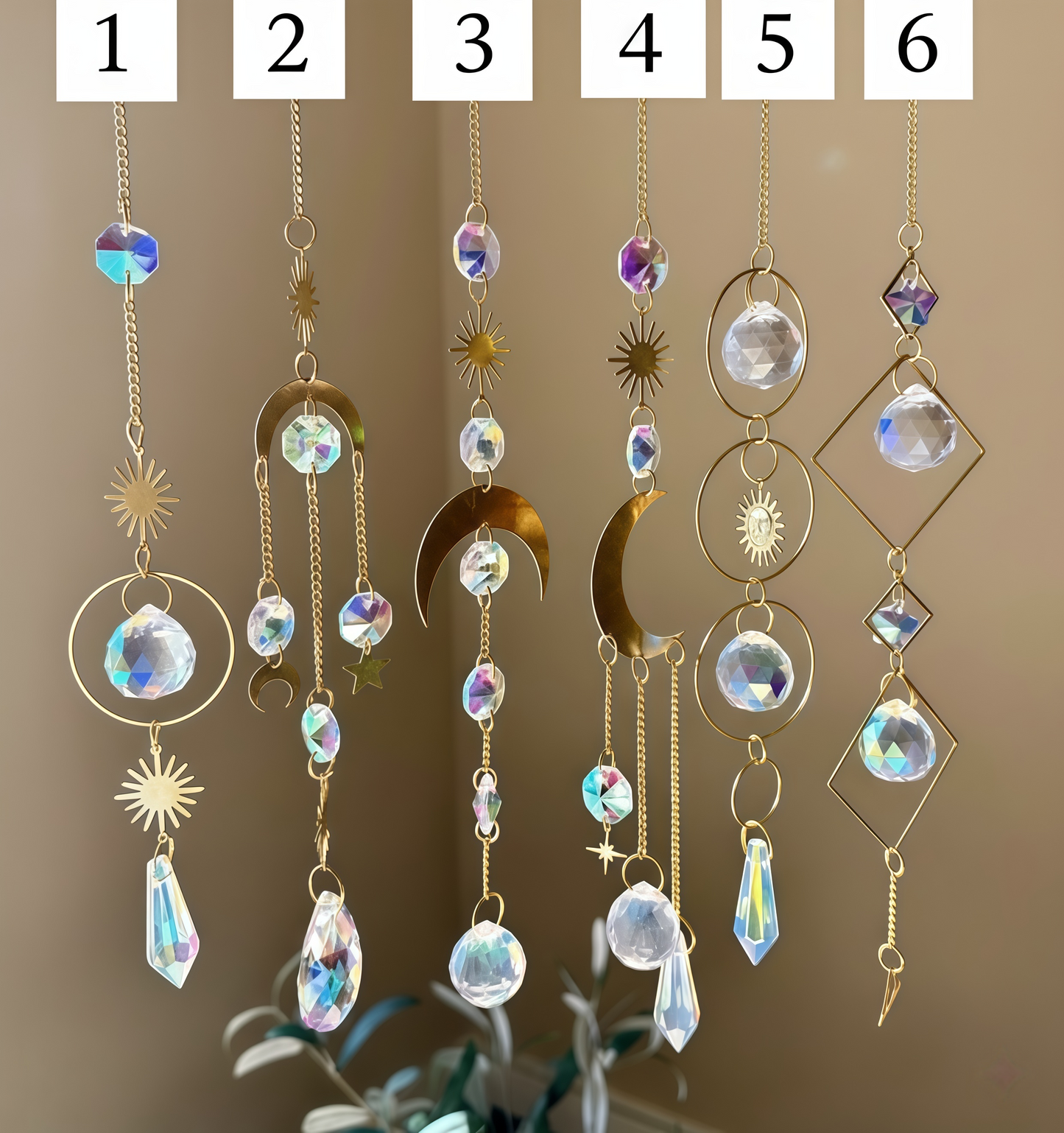 Crystal Moon Suncatchers Set of 6, Hanging Crystal Sun Catcher, Amethyst Rainbow Maker, Gifts for Her, Colorful Hanging Crystal Window Prism
