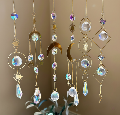 Crystal Moon Suncatchers Set of 6, Hanging Crystal Sun Catcher, Amethyst Rainbow Maker, Gifts for Her, Colorful Hanging Crystal Window Prism