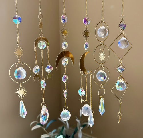 Crystal Moon Suncatchers Set of 6, Hanging Crystal Sun Catcher, Amethyst Rainbow Maker, Gifts for Her, Colorful Hanging Crystal Window Prism