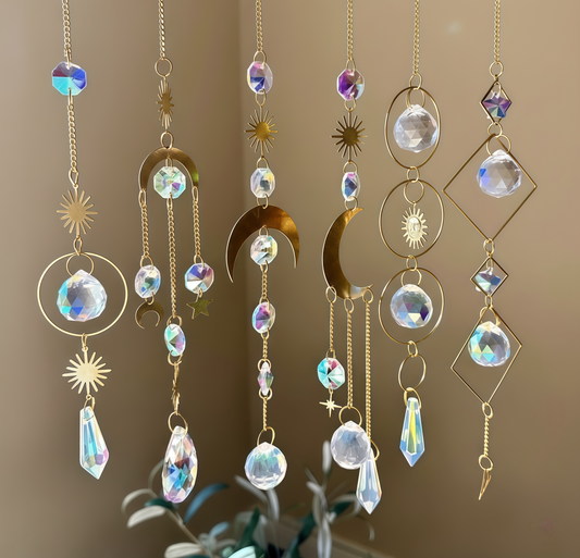 Crystal Moon Suncatchers Set of 6, Hanging Crystal Sun Catcher, Amethyst Rainbow Maker, Gifts for Her, Colorful Hanging Crystal Window Prism